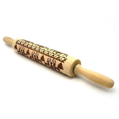 Wooden Christmas embossing rolling pin with non-stick surface for festive baking