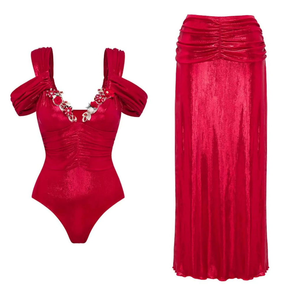 Three-dimensional floral spaghetti strap one-piece swimsuit set for women in pink colour
