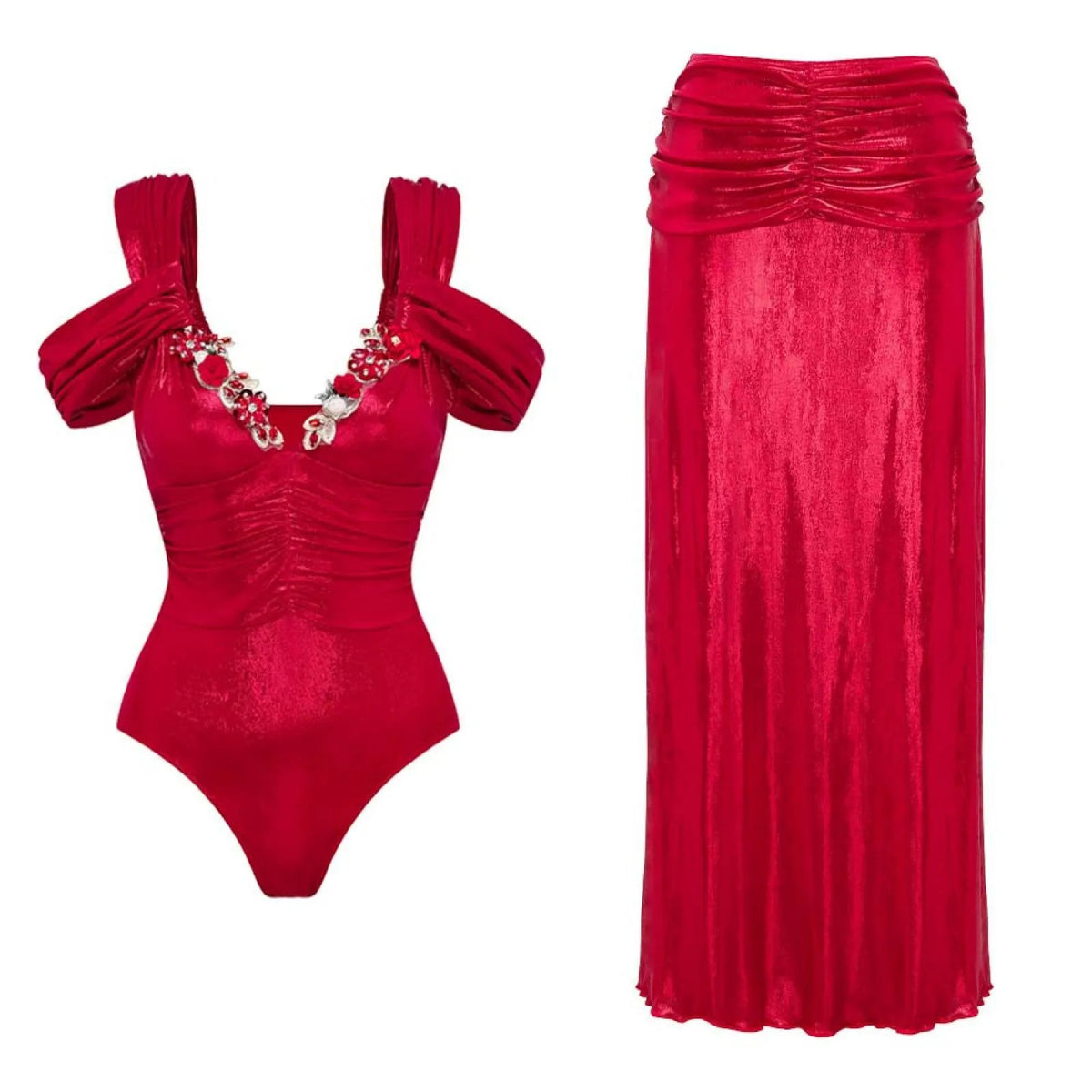 Three-dimensional floral spaghetti strap one-piece swimsuit set for women in pink colour