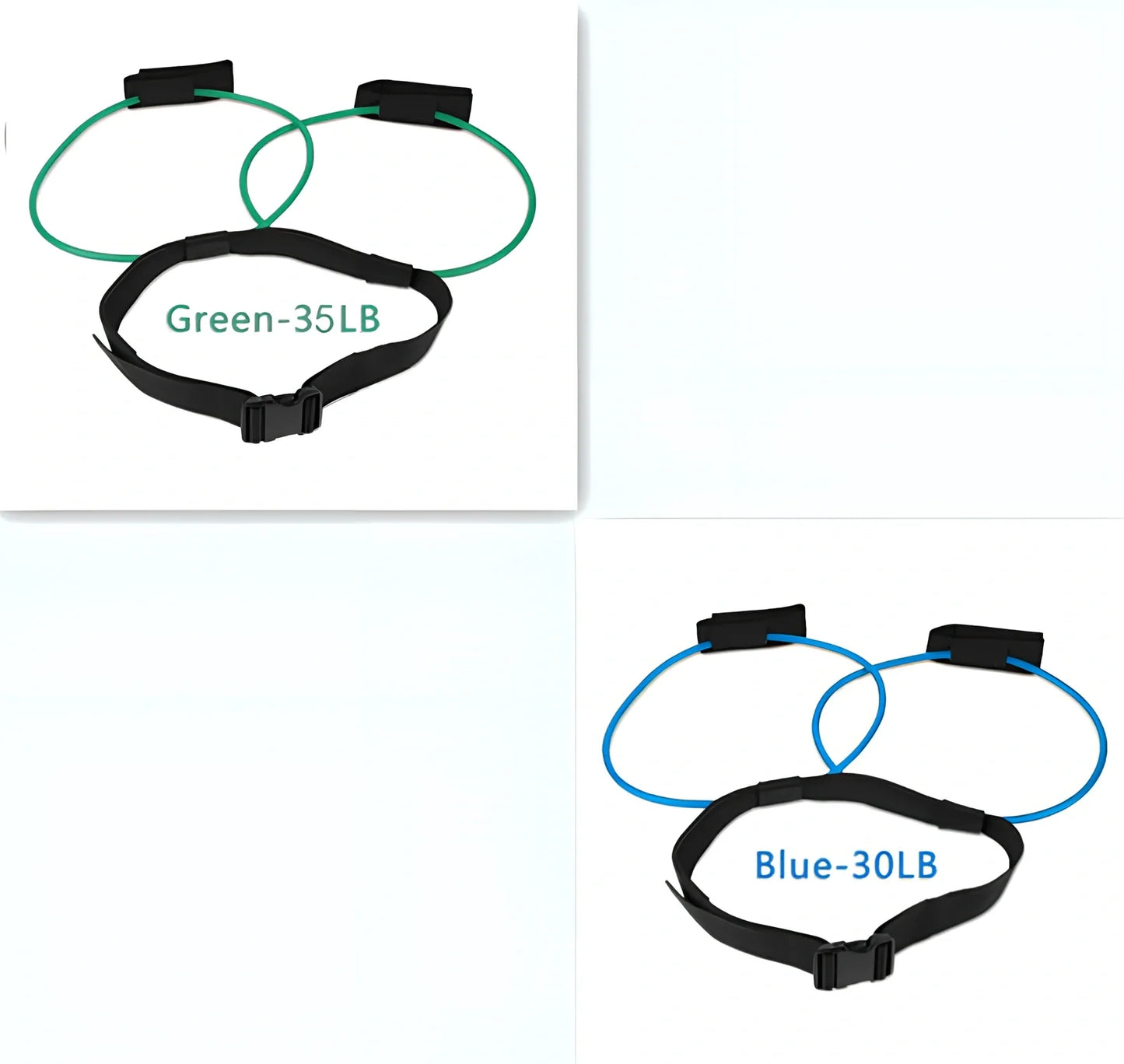 Women's adjustable waist resistance band with colour-coded latex tubes and pedal exerciser foot straps