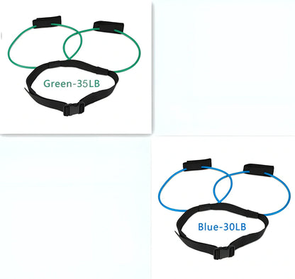 Women's adjustable waist resistance band with colour-coded latex tubes and pedal exerciser foot straps