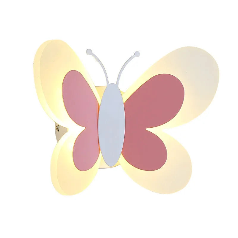 Creative cartoon butterfly acrylic wall lamp for children's bedroom in white and pink colour