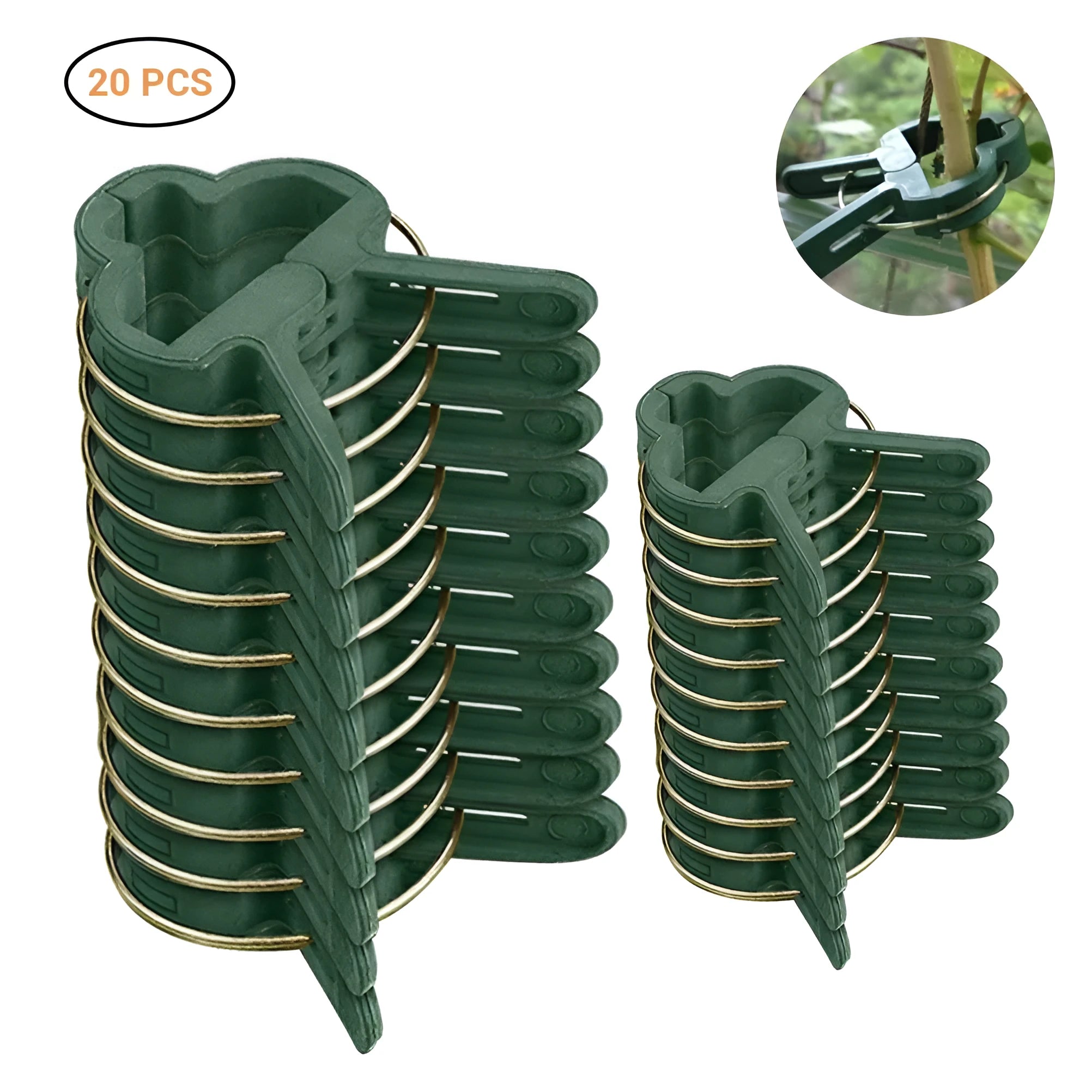 Green plastic and zinc plant fixing clips in large and small sizes for climbing plants.