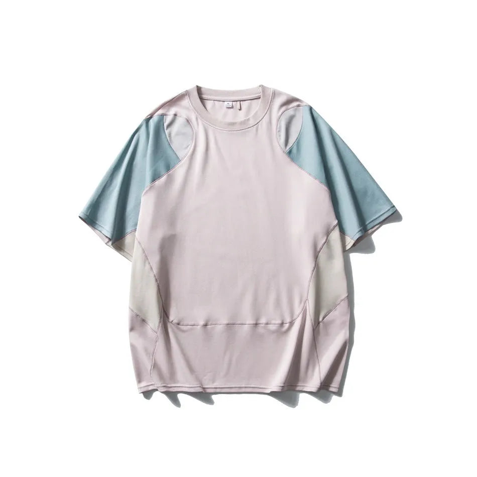 Men's loose patchwork contrast sports T-shirt in cotton blend, shown in blue colour option.