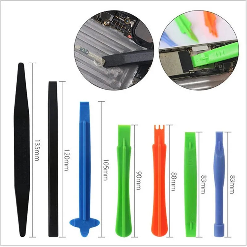 21 piece mobile phone disassembly tool kit with chrome vanadium steel screwdrivers and plastic spudgers on a flat surface