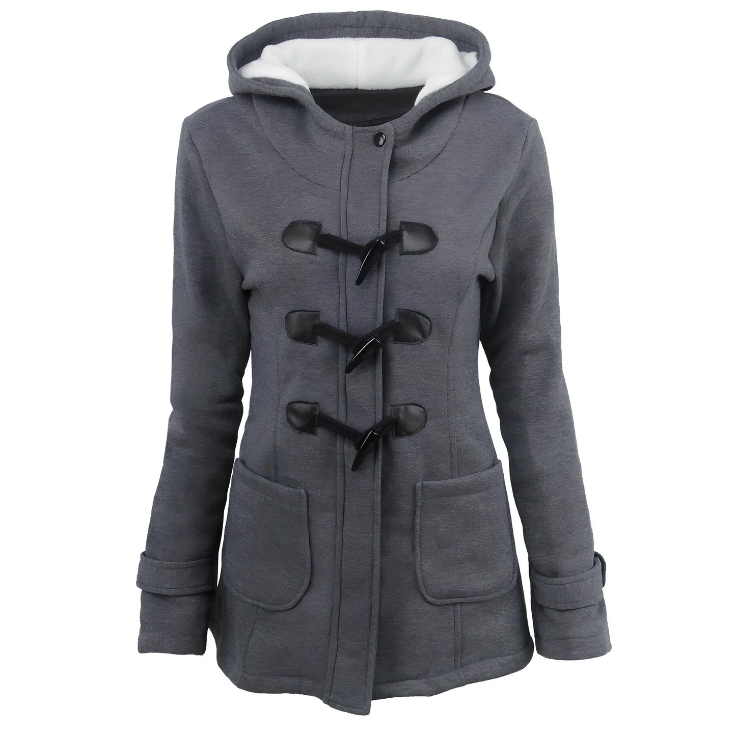 Women's green long down parka with fur collar, horn buttons, and hood - medium 65-80cm length, slim fit for winter