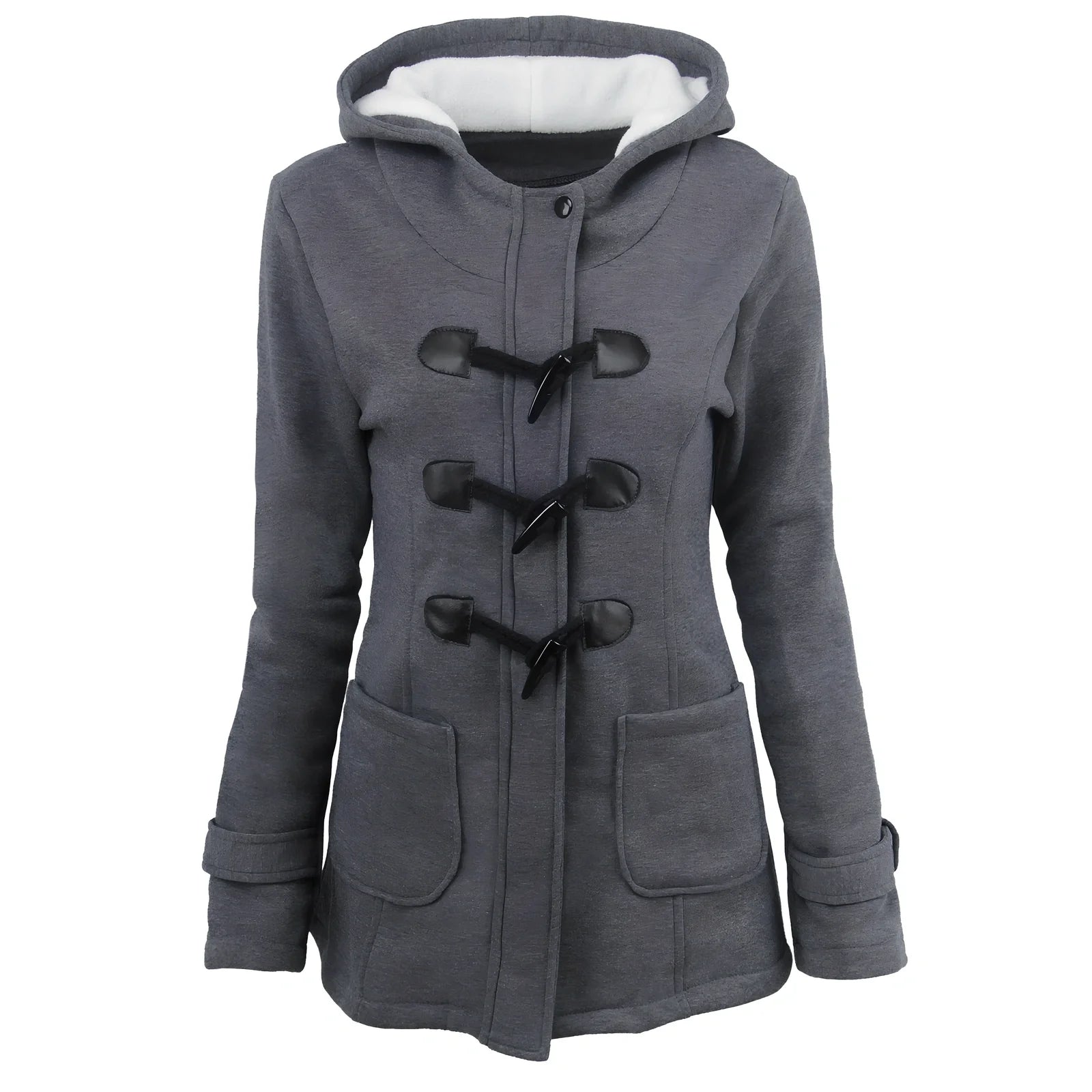 Women's green long down parka with fur collar, horn buttons, and hood - medium 65-80cm length, slim fit for winter