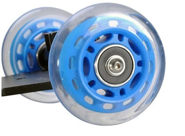 Blue dolly slider camera pulley car with solid aluminium floor, dual bearing rubber wheels, and 11inch arm on a desktop