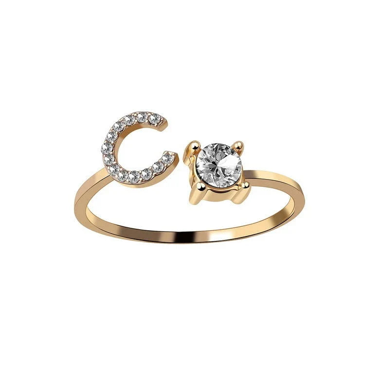 Elegant 26-letter adjustable initial ring in gold, silver, and rose gold finishes