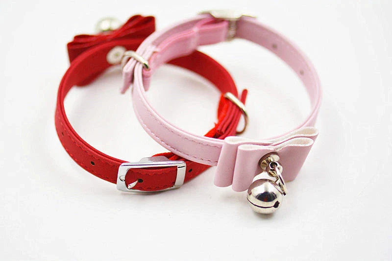 Small dog collar with bow tie and bell in various colours
