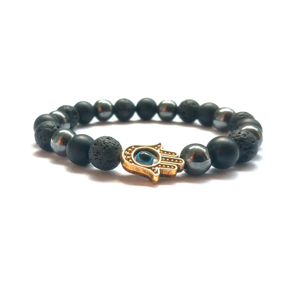 Handmade beaded bracelet with 8mm stone beads in silver blue white black, alloy electroplating finish