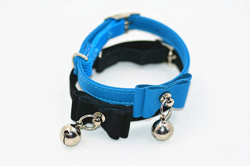 Stylish dog collar with bow tie and bell in various colors, perfect for New Zealand pet owners