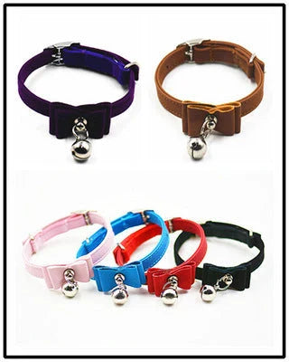 Small dog collar with bow tie and bell in various colours