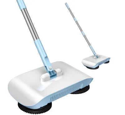 Pink hand push sweeper 3-in-1 with rotating brush on tiled floor