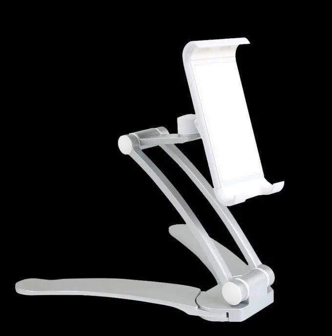Silver aluminium alloy desktop tablet stand holding a tablet at an adjustable angle