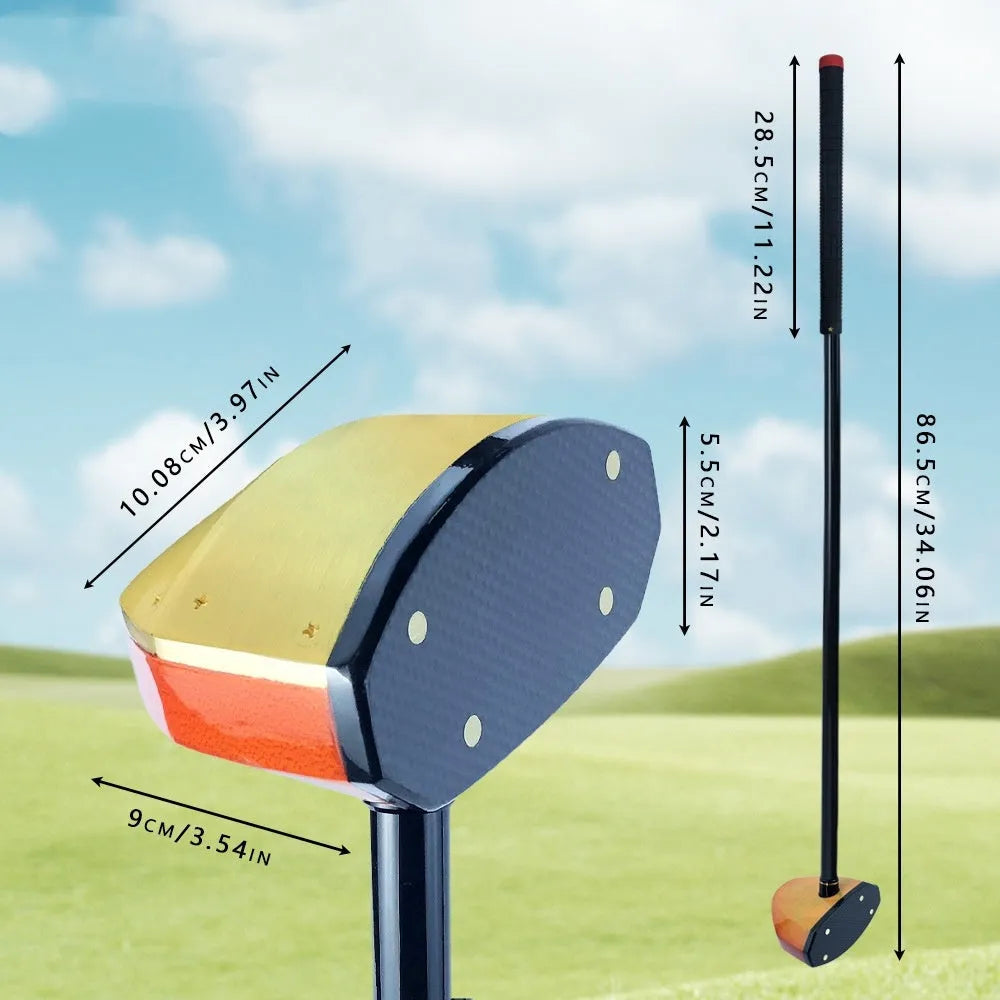 Maple head green golf training club with carbon rod body on a practice mat