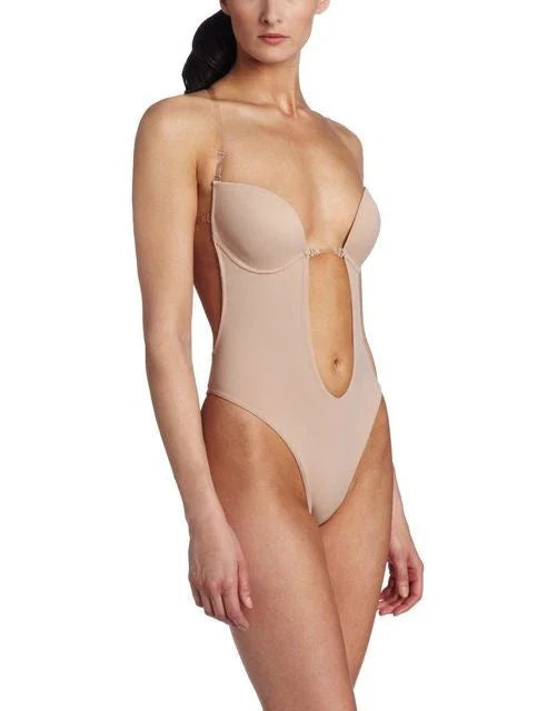Backless body shaper bra with adjustable straps, criss-cross back design, and shaping cups for a seamless, flawless silhouette