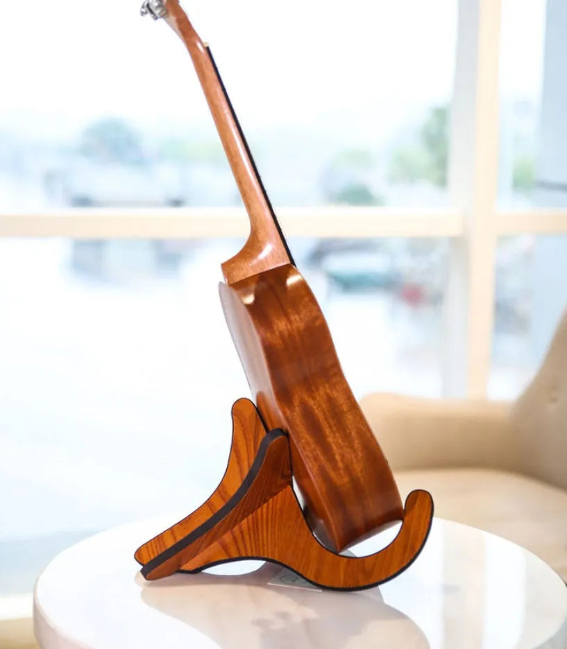 Brown wood folding ukulele stand with EVA padding, suitable for 21 23 26 inch ukuleles