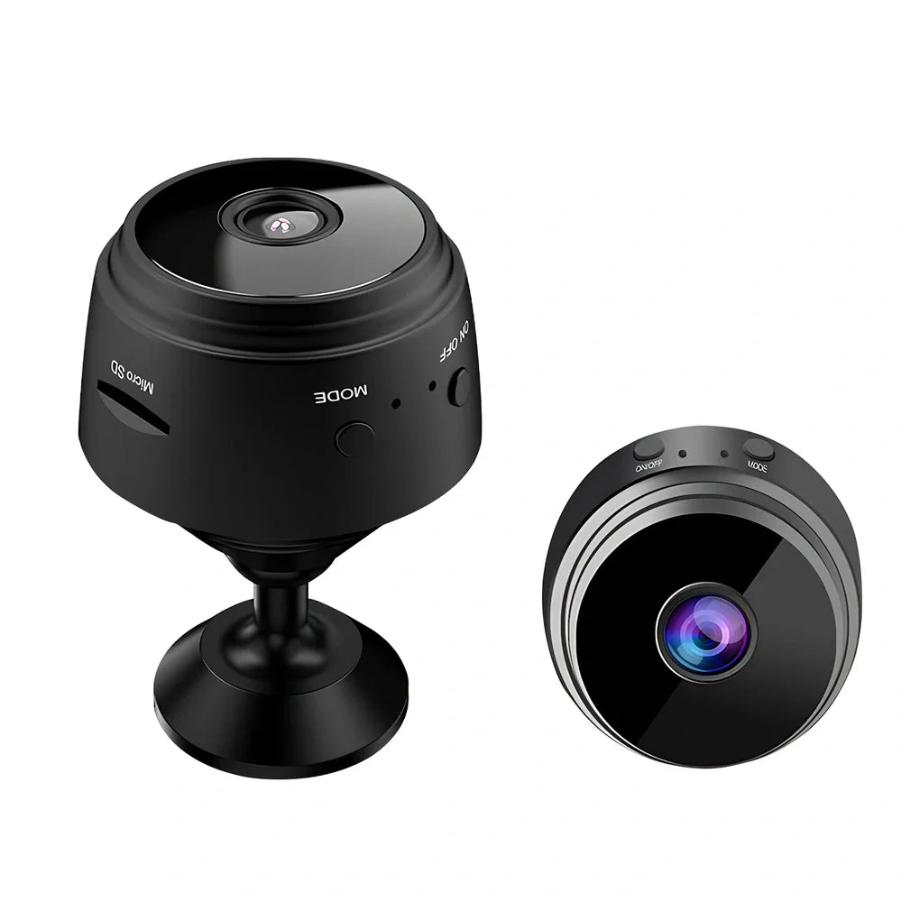 Compact white A9 WiFi sports camera with 1080P HD, infrared night vision, 45x45x50mm size, mounted on rotating bracket