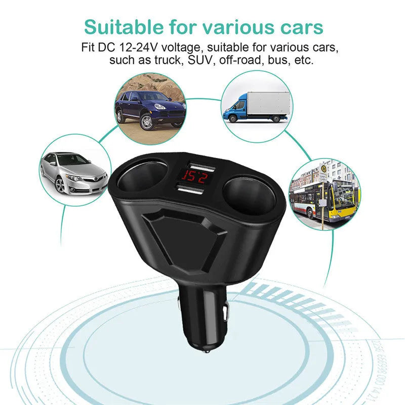 Black dual USB car charger with digital LCD screen showing voltage and current