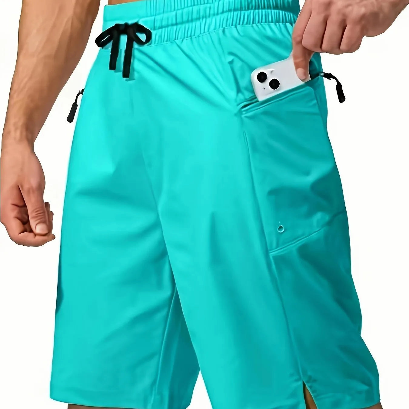 Men's straight-cut quick-dry beach shorts in polyester fabric, shown in one of nine available colours.