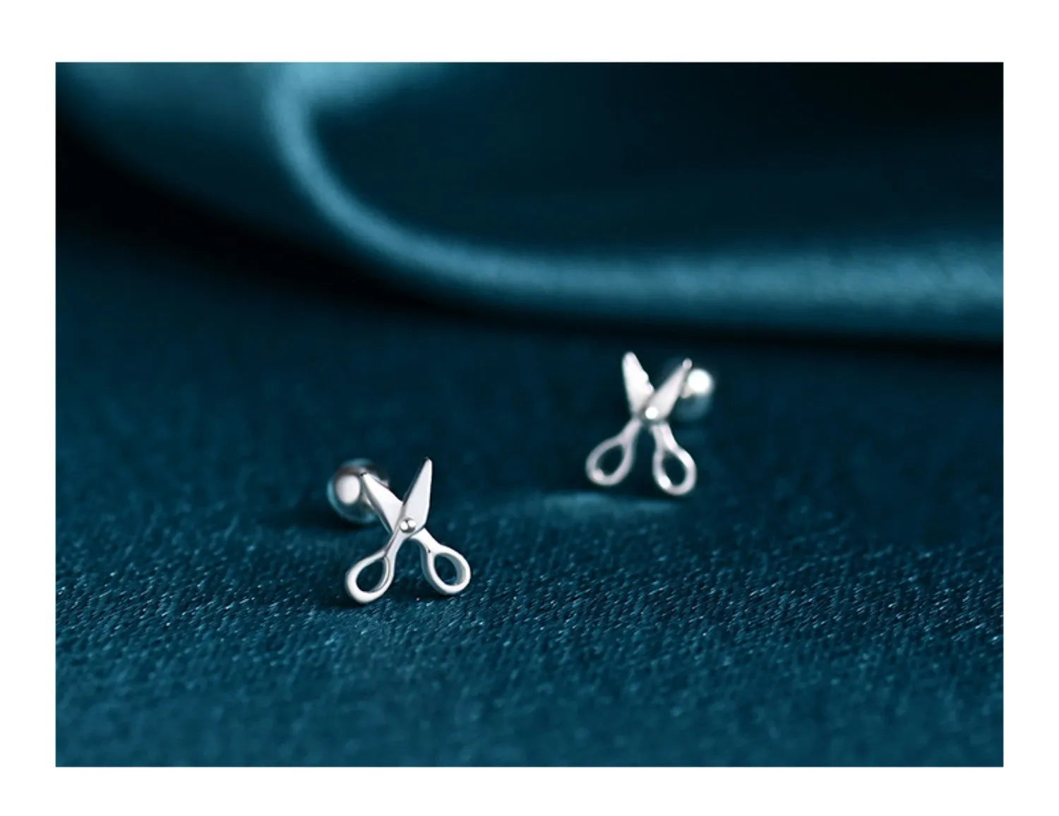 Pure silver ear nail earrings with screw closure and decorative mini scissors charm
