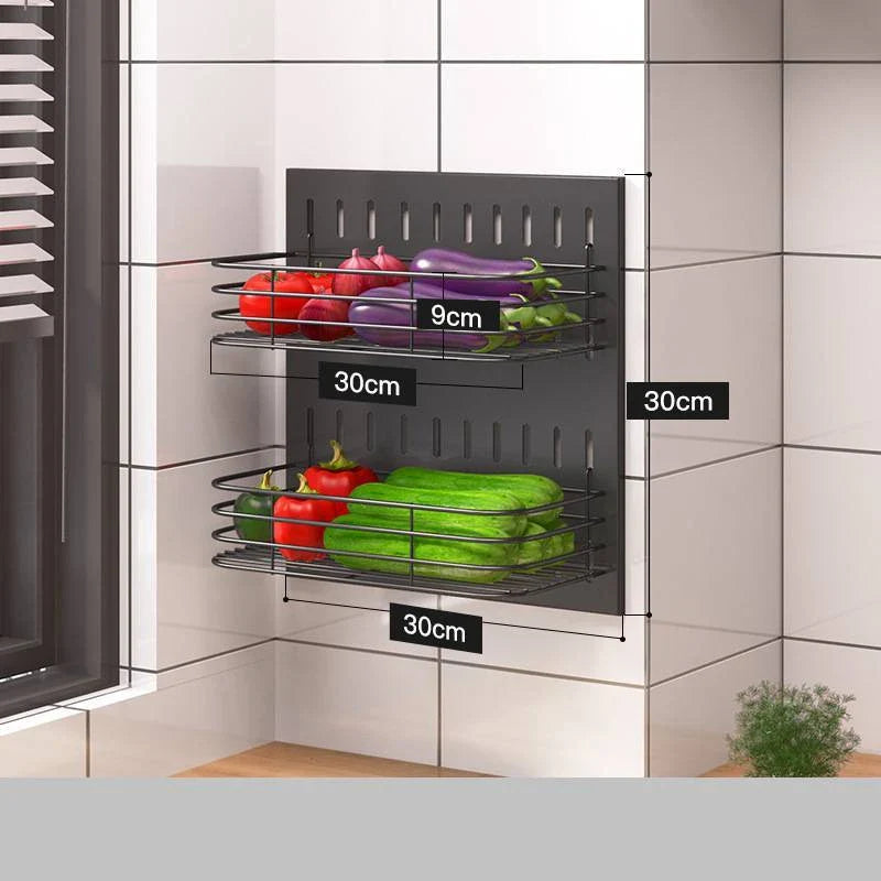 Wall-mounted stainless steel kitchen organiser with multiple storage compartments and hooks