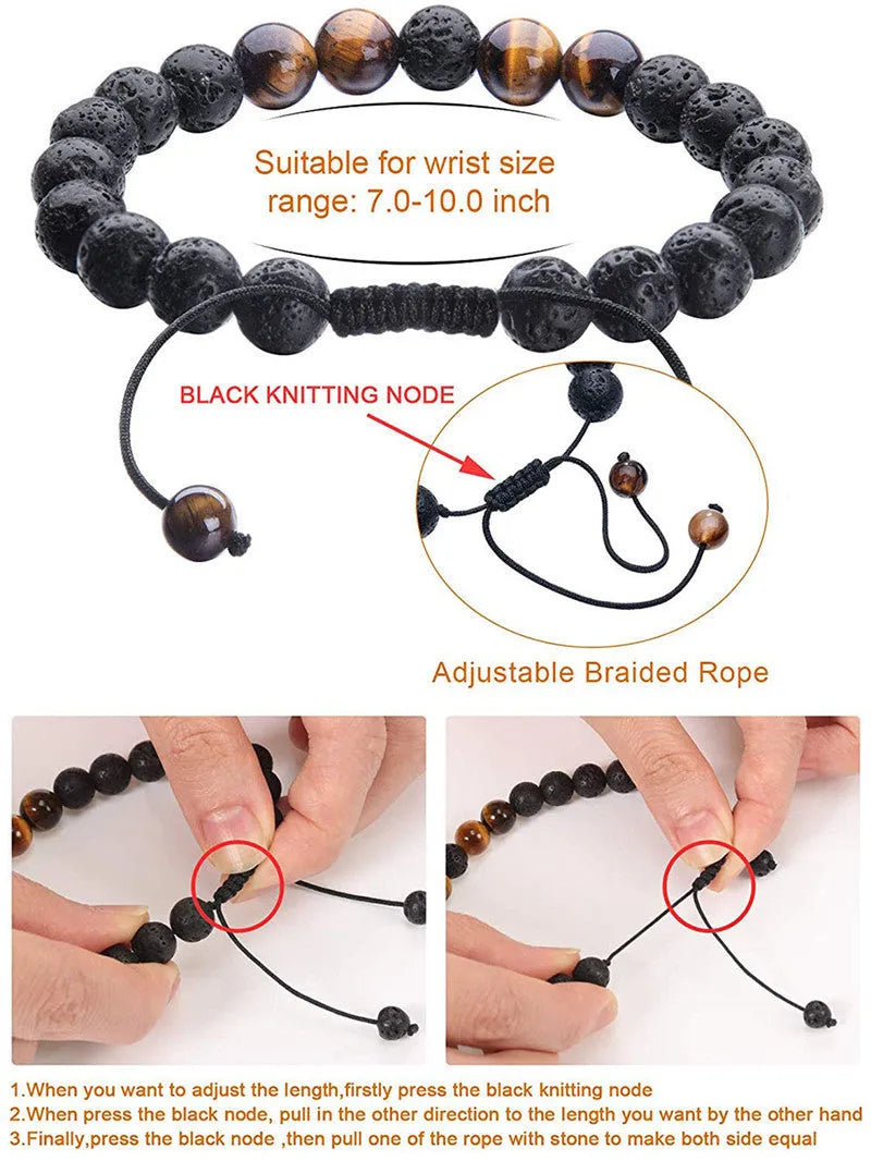 Tiger eye agate couple bracelets with matte black beads in geometric European-American design