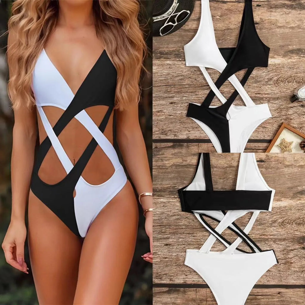 White women's one-piece swimsuit with colour-block and hollow-out design on a mannequin.