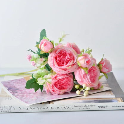 Korean silk flower bouquet with five peonies, 31cm in height, available in six colours