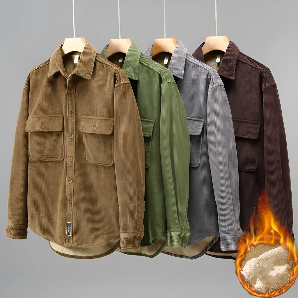 Men's fleece lined corduroy coat shirt in solid colour loose fit Japanese retro style with long sleeves