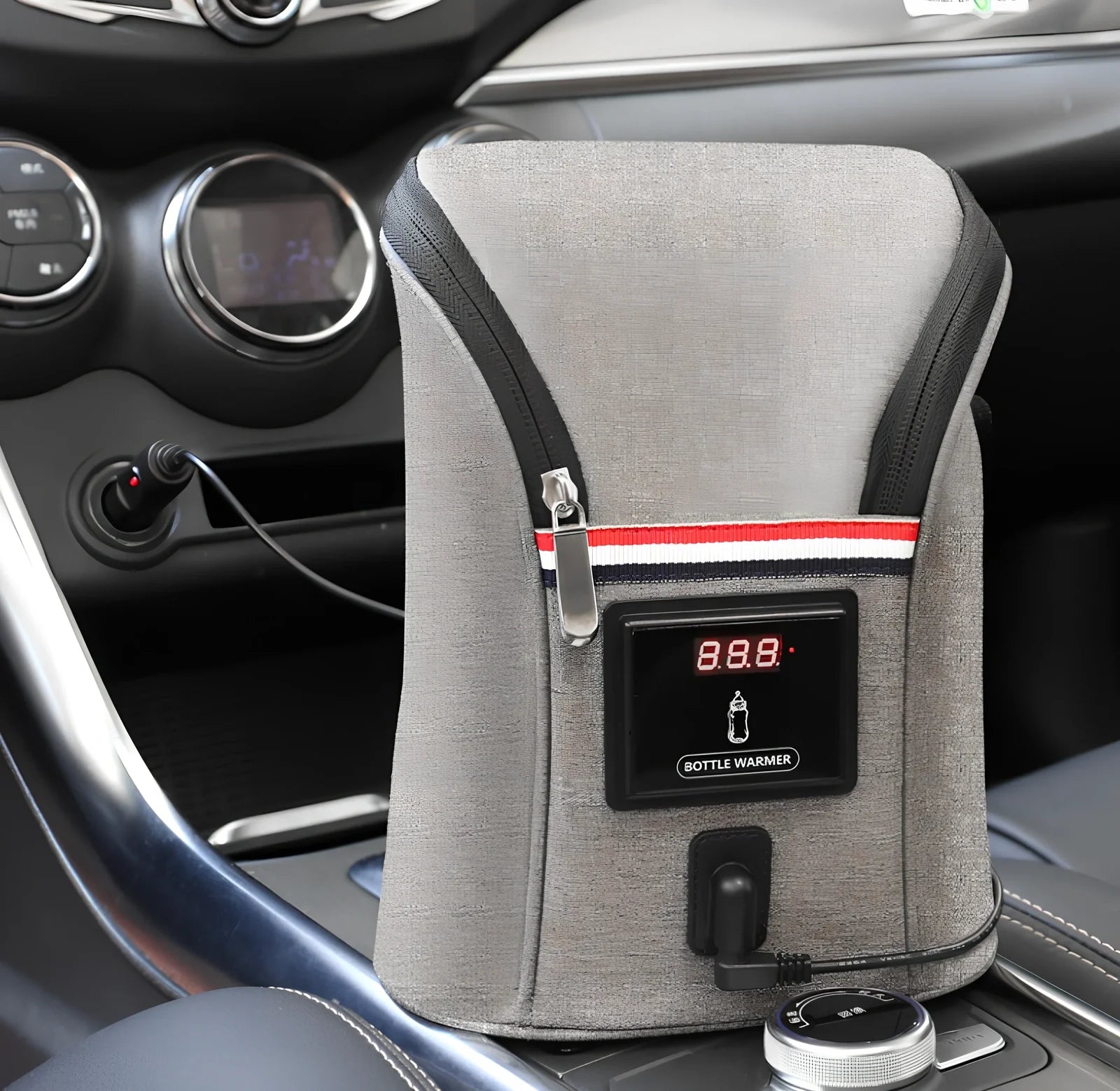 Grey portable baby bottle warmer with electronic display and car charger for 12V vehicle use