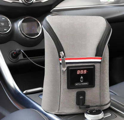 Grey portable baby bottle warmer with electronic display and car charger for 12V vehicle use