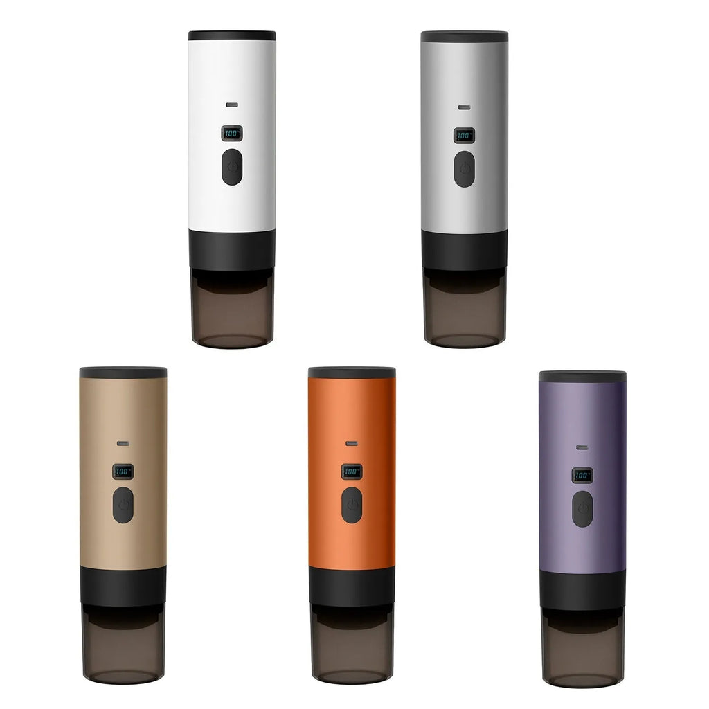 Portable capsule coffee machine in champagne colour with LCD display and wireless heating for travel use