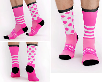 Pair of black powder compression cycling socks in size L, featuring stripe mesh pattern, 40-45cm long tube for breathable four-season support