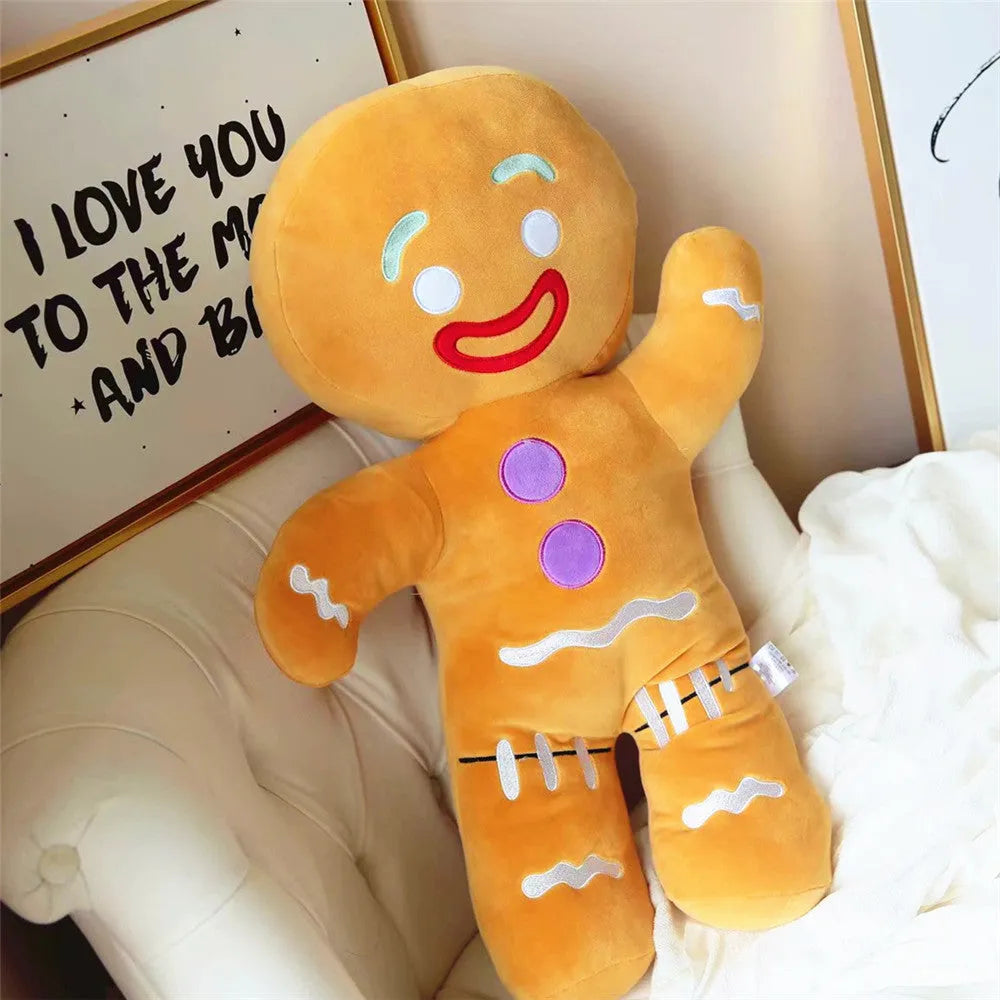 Yellow cartoon anime cookie man plush toy standing on a surface, side view, 30cm height