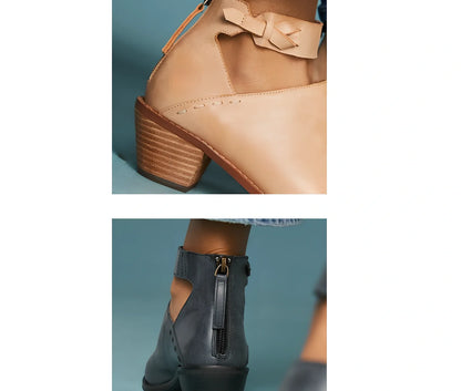 Women's black cut-out ankle boots with buckle strap, back zipper, 3-5cm heel in artificial PU, size 36 shown