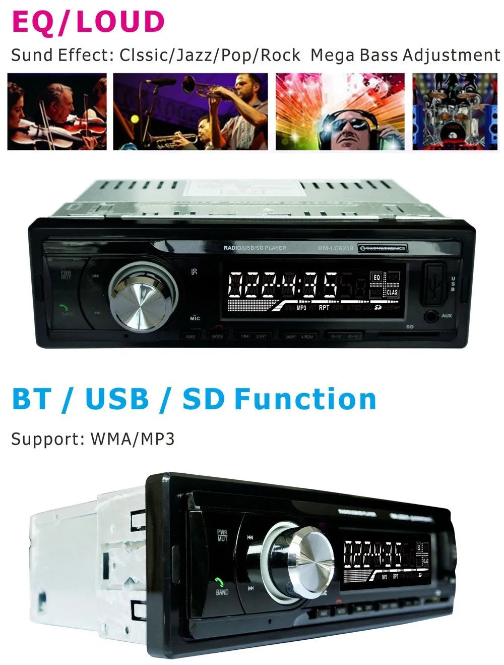 EZONETRONICS car stereo receiver with Bluetooth, FM radio, USB, SD card, and auxiliary inputs