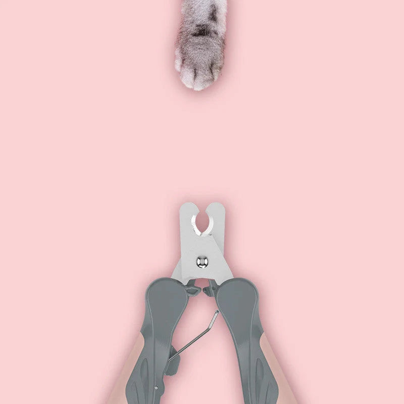 Pet dog nail clippers with stainless steel blades and soft rubber grip in pink, green, and grey