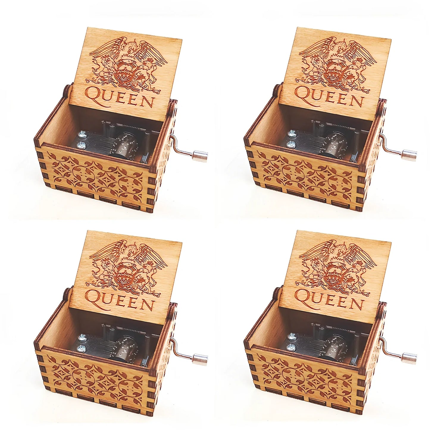 Antique boxwood music box with hand crank and yin carved Spirited Away landscape flowers, 10 cm tall wooden decoration