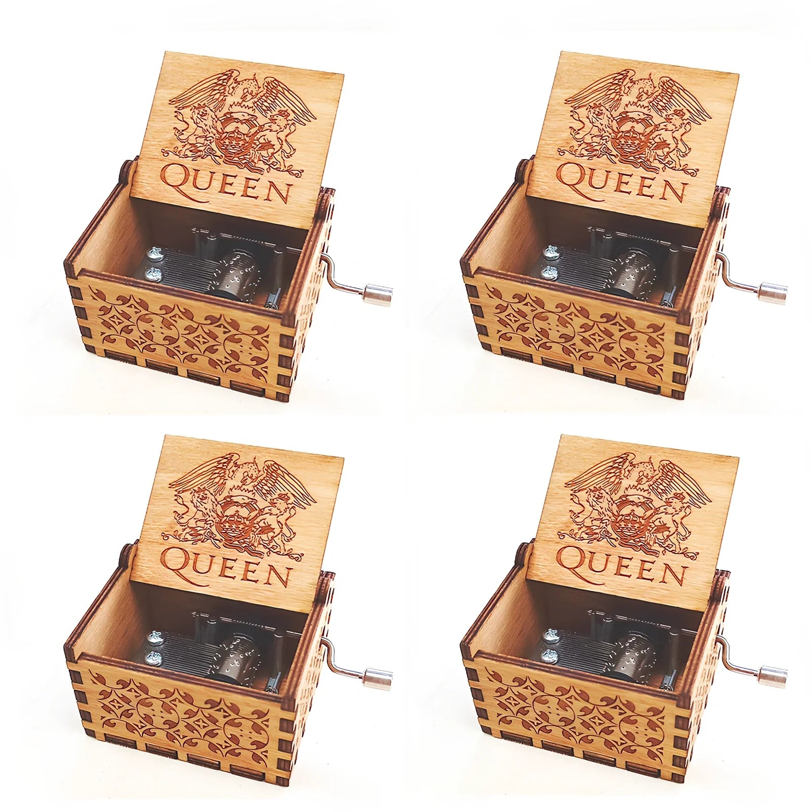 Antique boxwood music box with hand crank and yin carved Spirited Away landscape flowers, 10 cm tall wooden decoration