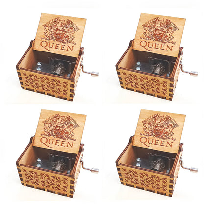 Antique boxwood music box with hand crank and yin carved Spirited Away landscape flowers, 10 cm tall wooden decoration