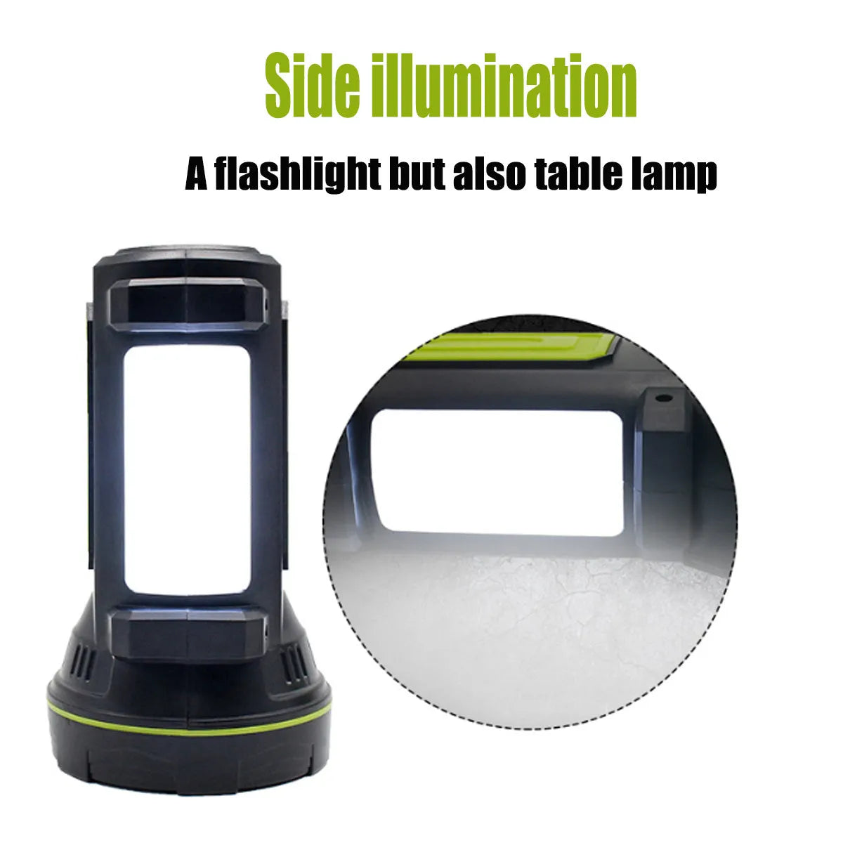 Green USB rechargeable LED flashlight with 500 metre beam range shown as both handheld and table light
