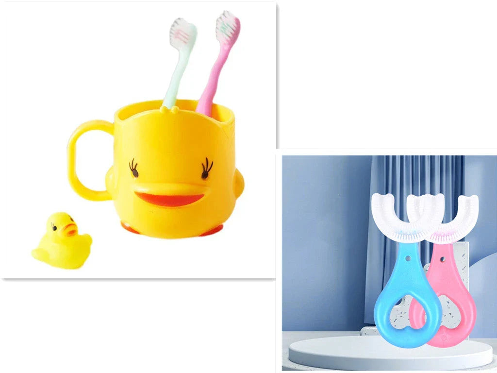 U-shaped children's soft rubber toothbrush in various colors including pink, blue, and long options