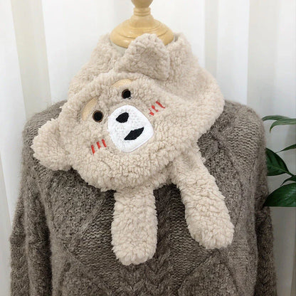 Women's winter bear plush scarf in lamb wool, available in white, apricot, khaki, and beige