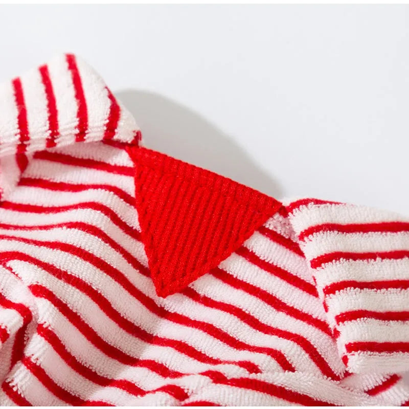 Red striped warm fleece pet clothing for small dogs and cats with two leg openings and embroidered pocket