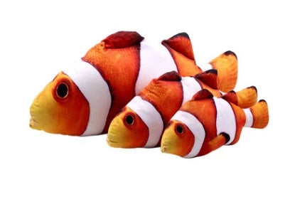 Vibrant fish-shaped plush toys in various sizes and colors, perfect for Kiwi cats to play with and cuddle