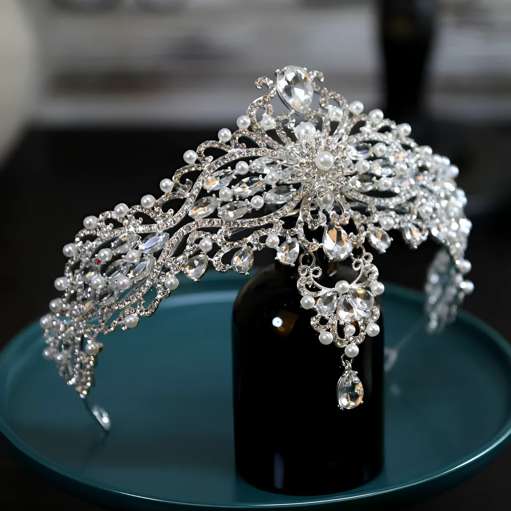 Silver Baroque bride crown with pearl and quota decoration on alloy frame, 15cm diameter