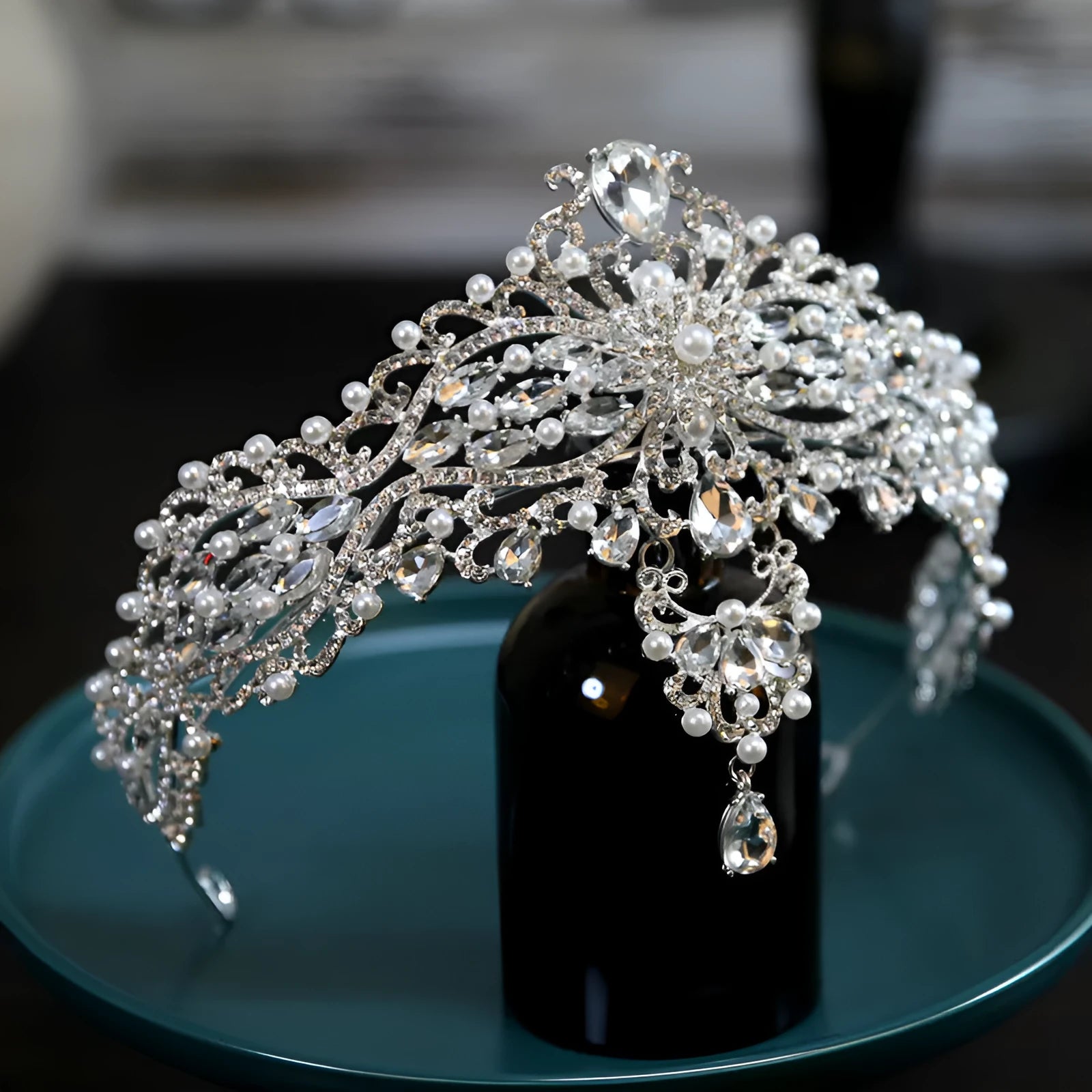 Silver Baroque bride crown with pearl and quota decoration on alloy frame, 15cm diameter