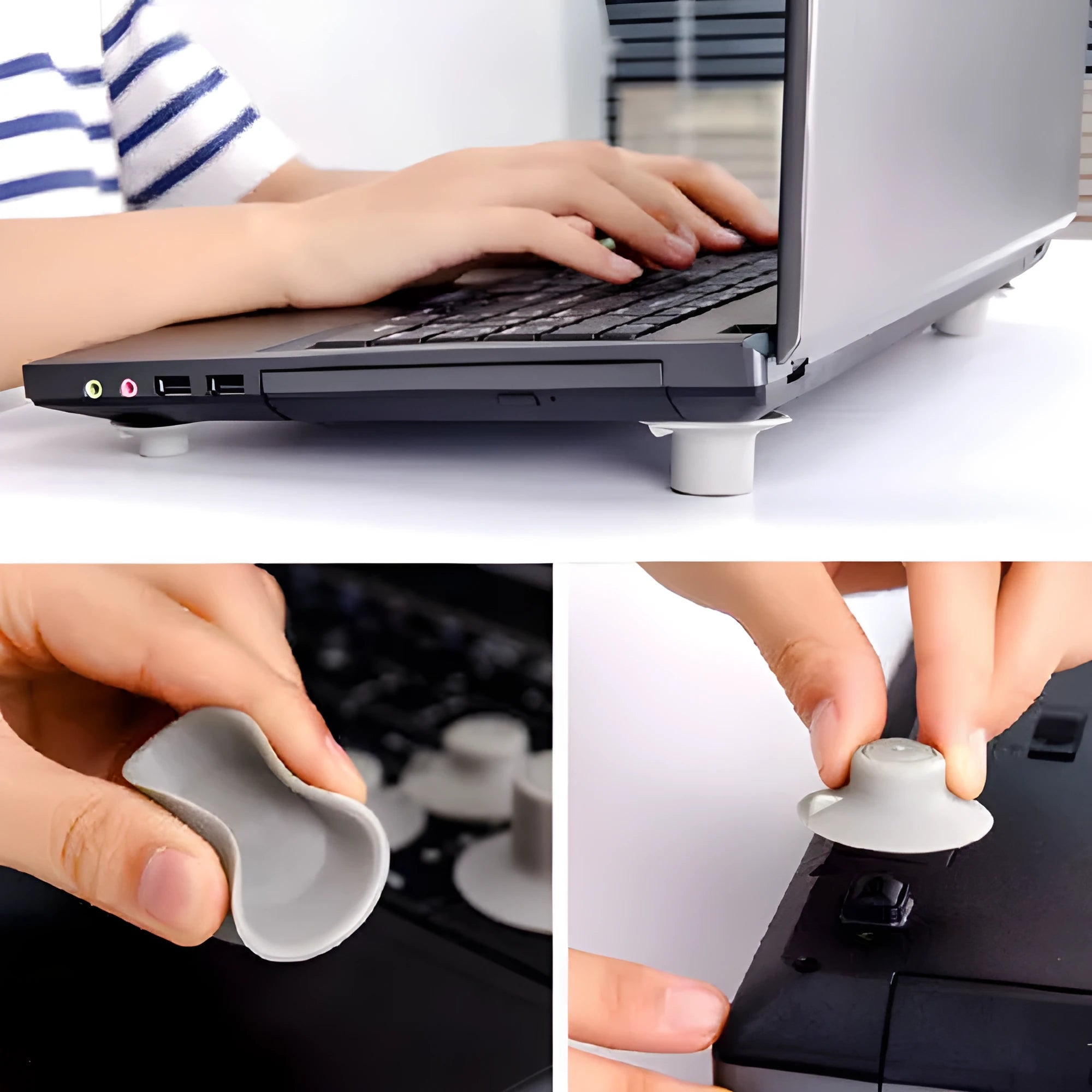 Grey durable plastic laptop cooling pad kit with two large and two small non-slip pads.